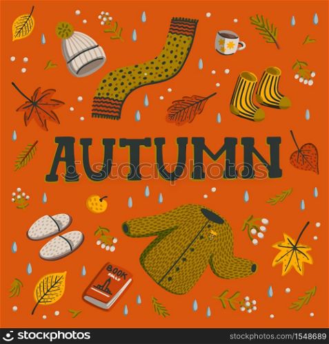 Hello autumn. Collection of fall season elements. Autumn greeting card with cozy home items for autumn season. Flat style hand drawn vector illustration.. Hello autumn. Collection of fall season elements. Autumn greeting card with cozy home items for autumn season. Flat style hand drawn vector illustration