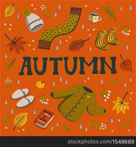 Hello autumn. Collection of fall season elements. Autumn greeting card with cozy home items for autumn season. Flat style hand drawn vector illustration.. Hello autumn. Collection of fall season elements. Autumn greeting card with cozy home items for autumn season. Flat style hand drawn vector illustration