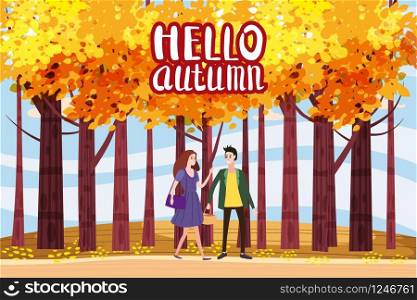 Hello autumn color illustration. Happy couple and walking in park postcard design. Open air outdoor walk. Early fall landscape cartoon banner.. Hello autumn color illustration. Happy couple walking in park postcard design. Open air outdoor walk. Early fall landscape cartoon banner. Autumn time fire trees park. Vector