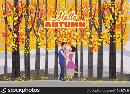 Hello autumn color illustration. Happy couple meeting and walking in park postcard design. Open air outdoor walk. Early fall landscape cartoon banner.. Hello autumn color illustration. Happy couple meeting and walking in park postcard design. Open air outdoor walk. Early fall landscape cartoon banner. Autumn time fire trees park. Vector