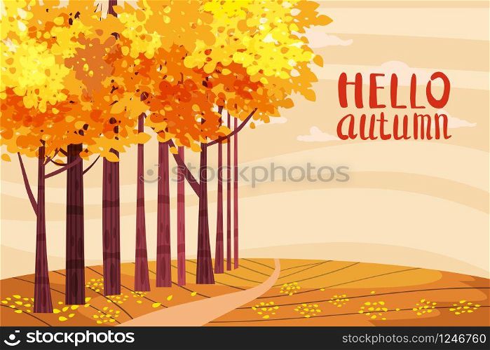 Hello autumn color illustration. In park postcard design. Open air outdoor walk. Early fall landscape cartoon banner. Hello autumn color illustration. In park postcard design. Open air outdoor walk. Early fall landscape cartoon banner. Autumn time fire trees park. Vector