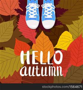 Hello autumn color illustration. Person feet standing in sneakers on yellow, red, green fallen leaves. Hand drawn lettering.. Hello autumn color illustration. Person feet standing in sneakers on yellow, red, green fallen leaves. Hand drawn lettering. Early fall postcard. Walk in park. Autumn time vector cartoon banner