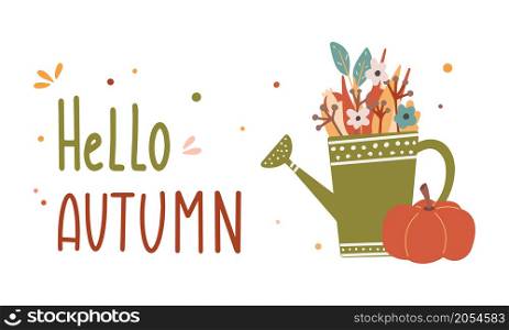 Hello autumn colorful lettering composition with watering can and pumpkin vector flat illustration. Cozy hand drawn composition. Hello autumn colorful lettering composition with watering can and pumpkin vector flat illustration.
