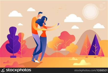 Hello autumn, couple guy and girl characters selfie along the path in the park, fall, autumn leaves, vector, illustration, cartoon style, isolated. Hello autumn, couple guy and girl characters selfie along the path in the park, fall, autumn leaves, vector, illustration, cartoon style, isolated.