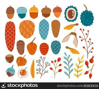 Hello autumn fall season cone acorn branch chestnut set vector illustration
