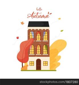Hello Autumn. Fall season, urban townhouse, windy weather. Cartoon flat vector illustration.