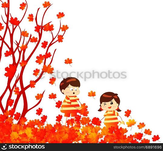 Hello autumn funny kids of a forest in autumn with leaves falling
