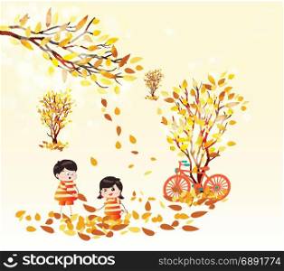 Hello autumn funny kids of a forest in autumn with leaves falling