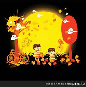 Hello autumn funny kids of a forest in autumn with leaves falling and bicycle under the moonlight