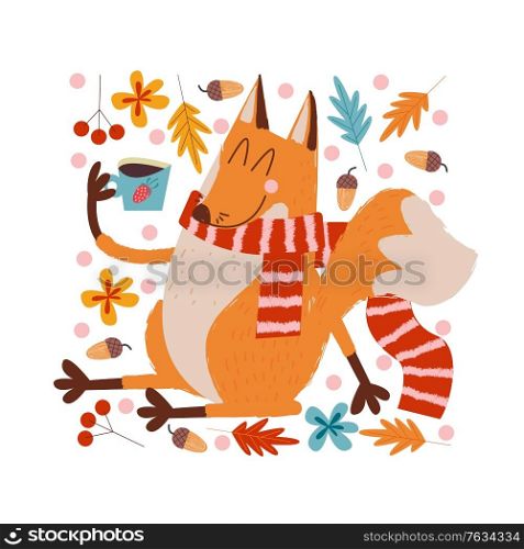 Hello, autumn. Funny red Fox in a warm striped scarf drinking tea on an autumn day. Vector illustration.. Hello, autumn. Cute red Fox drinking tea.