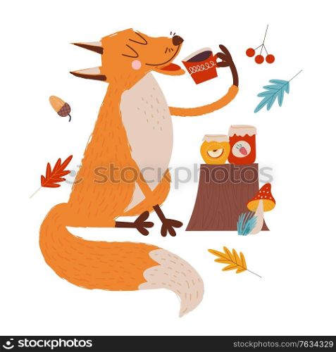 Hello, autumn. Funny red Fox with an umbrella drinking tea with jam on an autumn day. Vector illustration.. Hello, autumn. Cute red Fox drinking tea with jam.