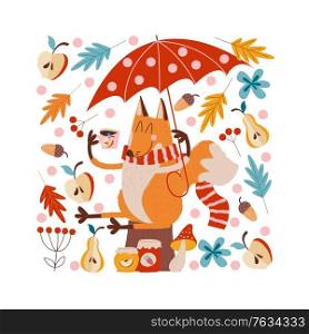 Hello, autumn. Funny red Fox with an umbrella drinking tea with jam from apples, pears and strawberries sitting under an umbrella on an autumn day. Vector illustration.. Hello, autumn. Cute red Fox with an umbrella drinking tea.