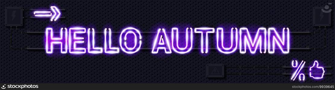 HELLO AUTUMN glowing purple neon l&sign. Realistic vector illustration. Perforated black metal grill wall with electrical equipment.. HELLO AUTUMN glowing purple neon l&sign on a black electric wall