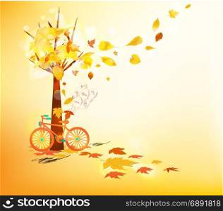 Hello autumn. Hand drawn tintage bicycle with autumn leaves