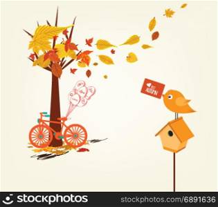Hello autumn. Hand drawn tintage bicycle with autumn leaves and mail box