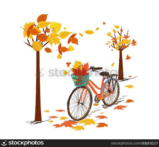Hello autumn. Hand drawn tintage bicycle with autumn leaves in rear basket