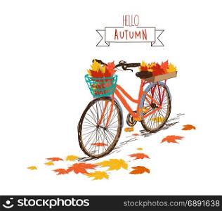 Hello autumn. Hand drawn tintage bicycle with autumn leaves in rear basket
