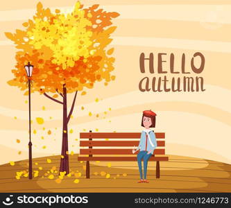 Hello Autumn, happy girl sitting on a bench with a cup of coffee, under a tree with falling leaves. Hello Autumn, happy girl sitting on a bench with a cup of coffee, under a tree with falling leaves in a park, lettering, vector, illustration, isolated