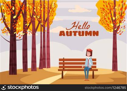 Hello Autumn, happy girl sitting on a bench with a cup of coffee, under a tree with falling leaves. Hello Autumn, happy girl sitting on a bench with a cup of coffee, under a tree with falling leaves in a park, lettering, vector, illustration, isolated
