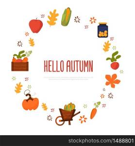 Hello autumn Harvest Festival Poster with carrot, apple and beetroot in circle. Vector illustration.. Hello autumn Harvest Festival Poster with carrot, apple and beetroot in circle. Vector illustration