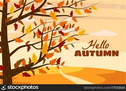 Hello Autumn landscape. Fall trees with yellow orange leaves. Hello Autumn landscape. Fall trees with yellow orange leaves, lonely road for contemplation of autumn nature park. Vector isolated illustration