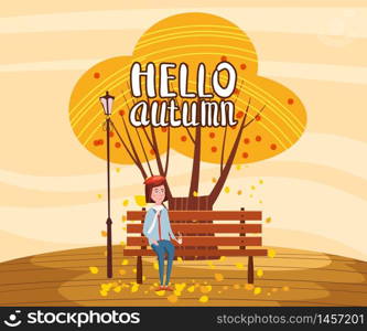 Hello Autumn landscape lonely tree and girl drinking coffee. Hello Autumn landscape lonely tree and girl drinking coffee in trend flat cartoon style bench panorama horizon. Illustration vector isolated banner postcard poster