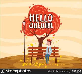 Hello Autumn landscape lonely tree and girl drinking coffee. Hello Autumn landscape lonely tree and girl drinking coffee in trend flat cartoon style bench panorama horizon. Illustration vector isolated banner postcard poster
