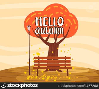 Hello Autumn landscape lonely tree in trend flat cartoon style bench. Hello Autumn landscape lonely tree in trend flat cartoon style bench panorama horizon. Illustration vector isolated banner postcard poster