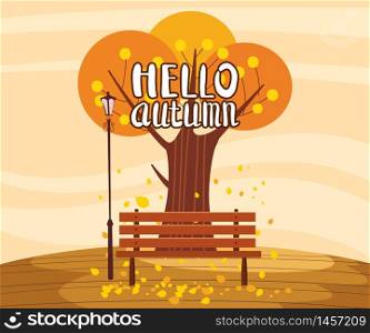 Hello Autumn landscape lonely tree in trend flat cartoon style bench. Hello Autumn landscape lonely tree in trend flat cartoon style bench panorama horizon. Illustration vector isolated banner postcard poster