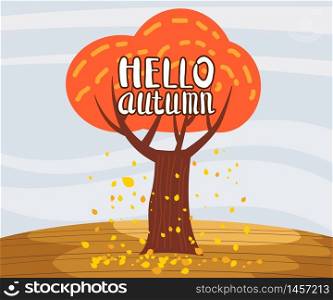 Hello Autumn landscape lonely tree in trend style flat cartoon. Hello Autumn landscape lonely tree in trend style flat cartoon panorama horizon. Illustration vector isolated banner postcard poster