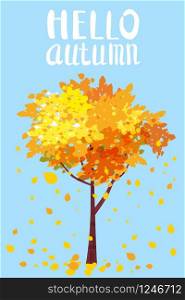 Hello Autumn, Lettering, autumn tree with sending leaves. Hello Autumn, Lettering, autumn tree with sending leaves, postcard for Design for posters, postcards, invitations, posters, brochures, flyers. Vector Templates.