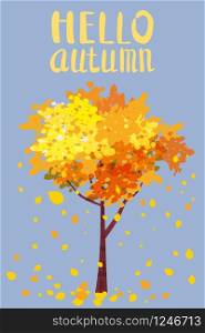 Hello Autumn, Lettering, autumn tree with sending leaves. Hello Autumn, Lettering, autumn tree with sending leaves, postcard for Design for posters, postcards, invitations, posters, brochures, flyers. Vector Templates.