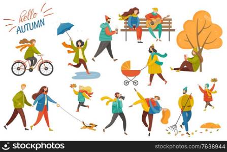 Hello autumn postcard decorated by recreation of people in park. Man and woman walking with dog, mother going with pram and children playing with leaves. Person cleaning foliage, female cycling vector. People Walking in Park, Hello Autumn Card Vector