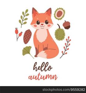 Hello autumn postcard with fox. Woodland card with≤aves and cute forest animal on white background. Vector illustration