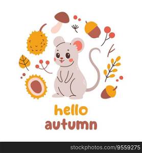 Hello autumn postcard with mouse. Woodland card with leaves and cute forest animal on white background. Vector illustration