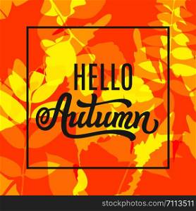 Hello autumn poster. Vector colorful background with leaves and text