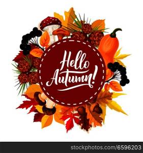 Hello Autumn poster with seasonal quote for fall holidays or sale festival. Vector design of autumn pumpkin, maple or rowan leaf, oak acorn and forest berry with mushroom. Hello autumn poster with fall leaf and berry