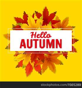 Hello Autumn Sale Background Template, with falling bunch of leaves. Hello Autumn Sale Background Template, with falling bunch of leaves, shopping sale or seasonal poster for shopping discount promotion, Postcard and Invitation card. Vector illustration Voucher, Banner, Flyer, Promotional Poster