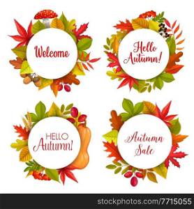 Hello autumn sale vector round frames with fallen leaves of maple, rowan and chestnut, oak and birch trees. Autumnal discount promo offer banners for fall season price off with typography and foliage. Hello autumn sale vector round frames with leaves