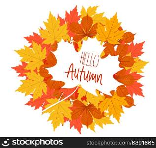 Hello autumn. The decor of the autumn leaves. white maple leaf with the text