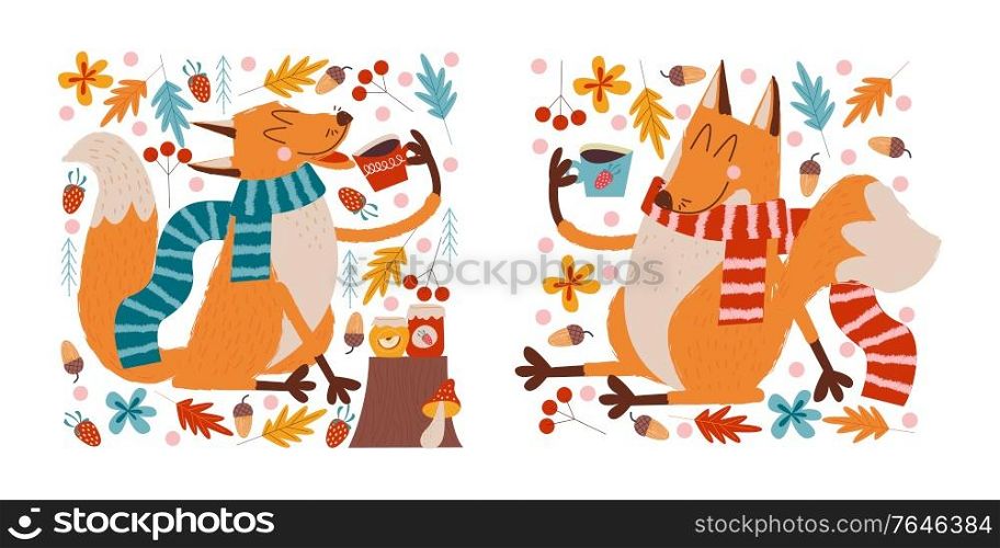 Hello, autumn. Two cute foxes drink tea with jam on the edge of the forest on an autumn day. Vector illustration.. Hello, autumn. Cute foxes drink tea.