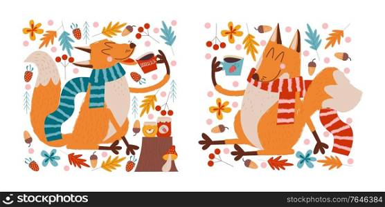 Hello, autumn. Two cute foxes drink tea with jam on the edge of the forest on an autumn day. Vector illustration.. Hello, autumn. Cute foxes drink tea.
