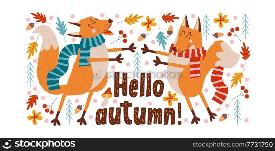 Hello autumn. Two cute foxes in striped scarves enjoy autumn and each other in the autumn forest. Vector autumn illustration.. Hello, autumn. Cute red Fox with an umbrella drinking tea.