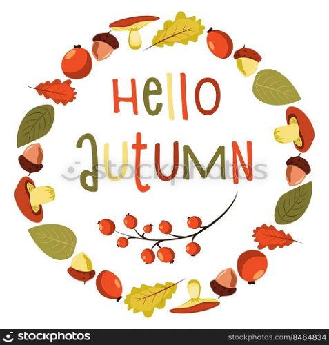 hello autumn vector illustration frame of leaves and mushrooms for greeting cards, greetings. hello autumn vector illustration frame of leaves and mushrooms