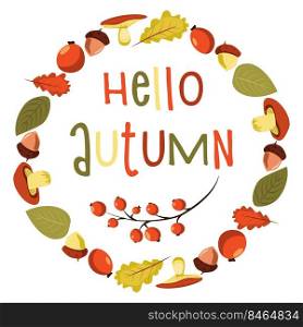 hello autumn vector illustration frame of leaves and mushrooms for greeting cards, greetings. hello autumn vector illustration frame of leaves and mushrooms