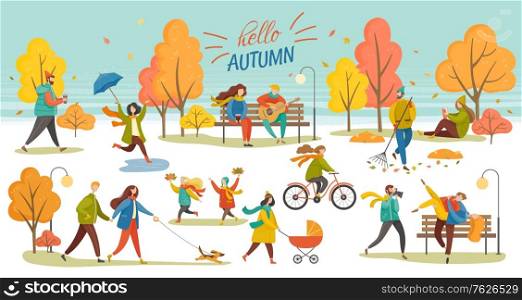 Hello autumn vector, man and woman walking dog, couple in autumn park. Character with umbrella, lady with perambulator, family kid, bicycle riding hobby. Autumnal photo session in yellow park.. Hello Autumn People Walking in Park Fall Vector
