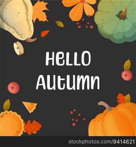 Hello Autumn. Vector set of elements background. Pumpkin, apple, pie.. Hello Autumn. Vector set of elements background