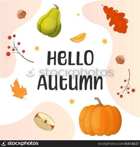 Hello Autumn. Vector set of elements background. Pumpkin, apple, pie.. Hello Autumn. Vector set of elements background