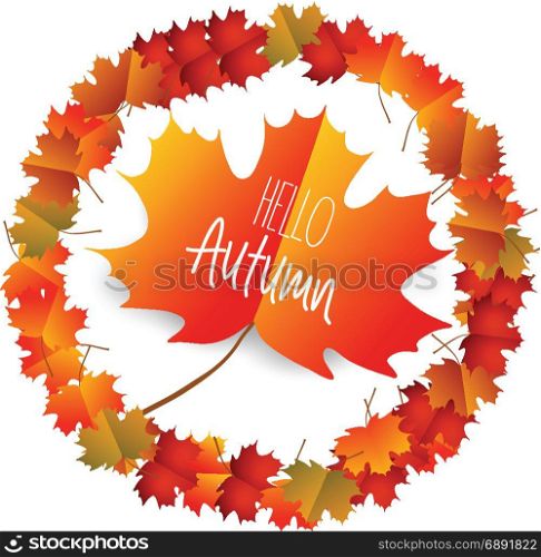 Hello autumn with autumn leaves isolated on white background