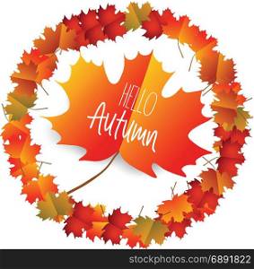 Hello autumn with autumn leaves isolated on white background